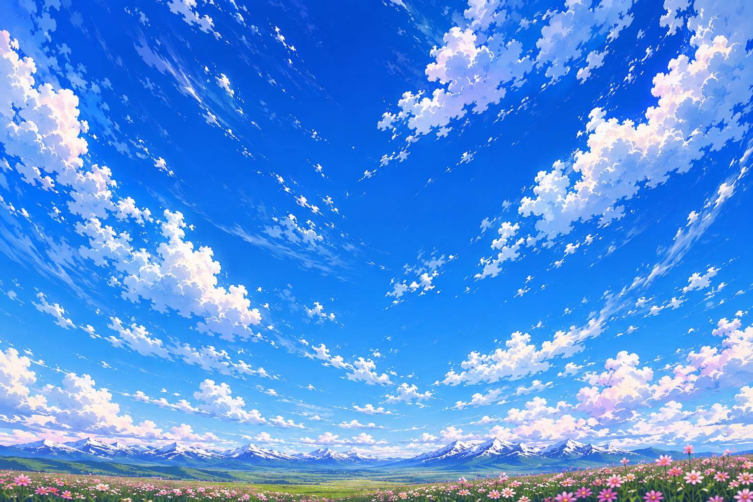 Ghibli-style sky with flower meadow and mountains